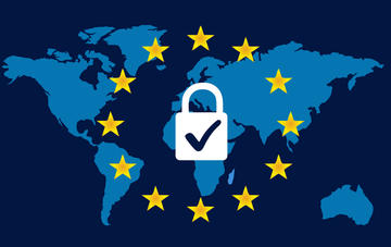 The stars of the EU flag, superimposed on a map of the continents, enclose a padlock that carries a confirmation notification © davidihirjak/Shutterstock